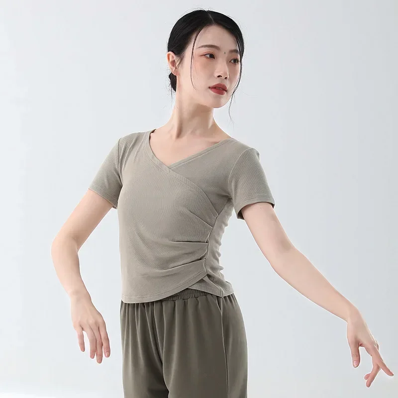 Ropa de práctica de danza clásica, ropa de rima corporal para mujer, ropa de entrenamiento básico, tops de manga corta para danza moderna,