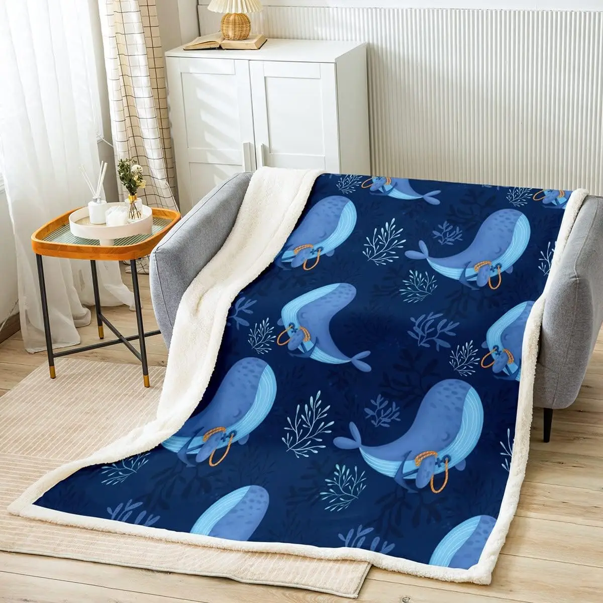 Ocean Sherpa Blanket Cartoon Whale Fleece Throw Blanket for Bed Sofa Couch Kids Room Underwater Creatures Decor Plush