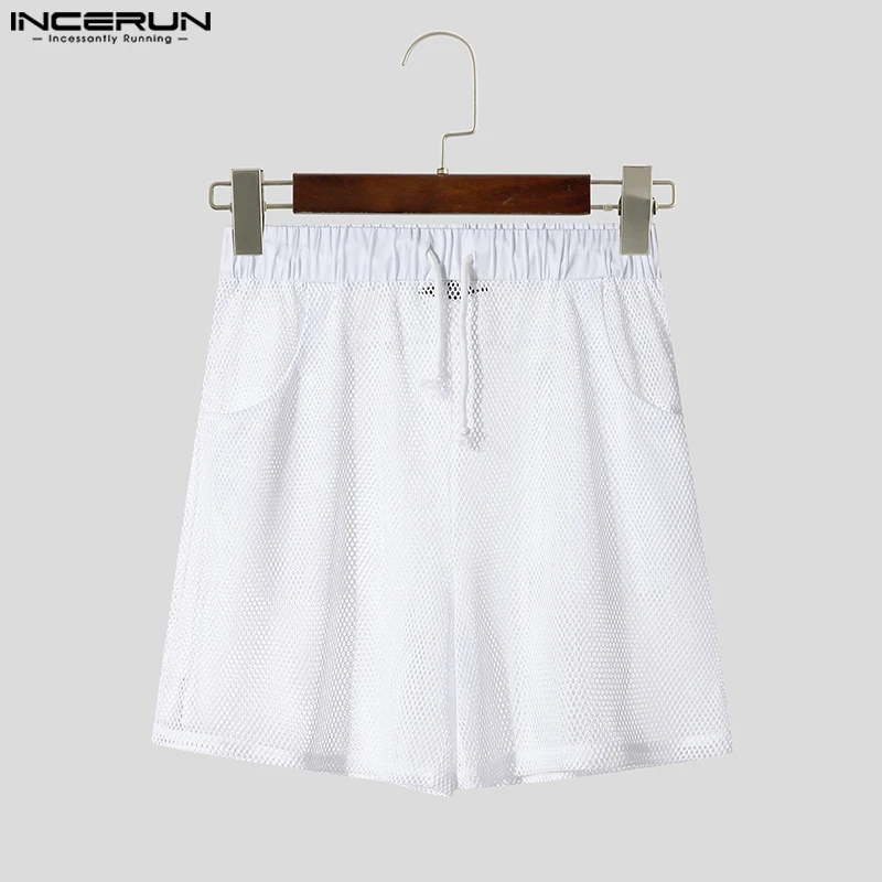 

INCERUN мужские шорты однотонные сетчатые прозрачные мужские шорты на шнурке лето 2025 пикантные модные мужские штаны S-5XL уличная одежда