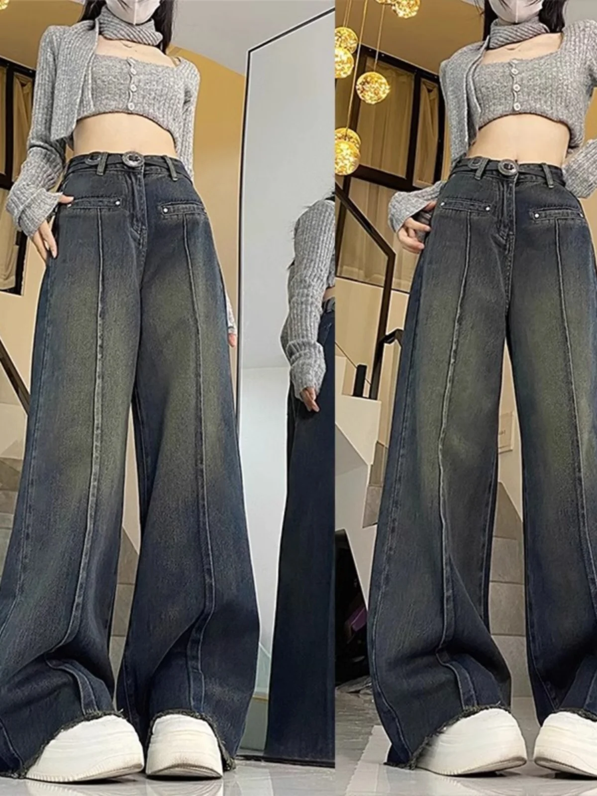 

High Waisted Jeans for Women Retro Washed Striagit Wide Leg Denim Pants Streetwear Fashion Pockets Casual Jeans 2024 G03