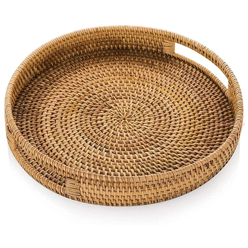 

Round Rattan Woven Serving Tray with Handles Ottoman for Breakfast, Drinks, Snack Coffee Table, Home Decorative