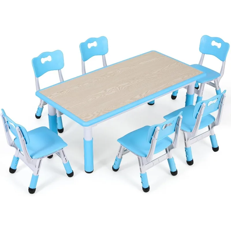 Kids Study Table and 6 Chairs Set, Height Adjustable Graffiti Table, Preschool Activity Art Craft Table for 6, Multifunction
