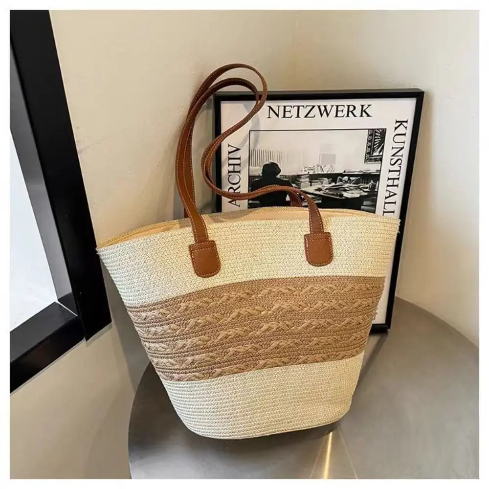 Fashion Straw Woven Totes Bag Stripe Square Woven Shoulder Bag Large Capacity Underarm Bag Vacation Beach Bag