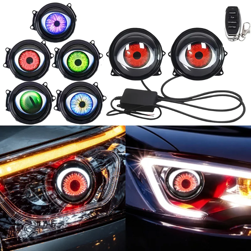 Remote Control Dynamic Devil Eye LED Headlight Multicolor Changing Animated Evil Eye Car Motorcycle Retrofit Front Light Decor