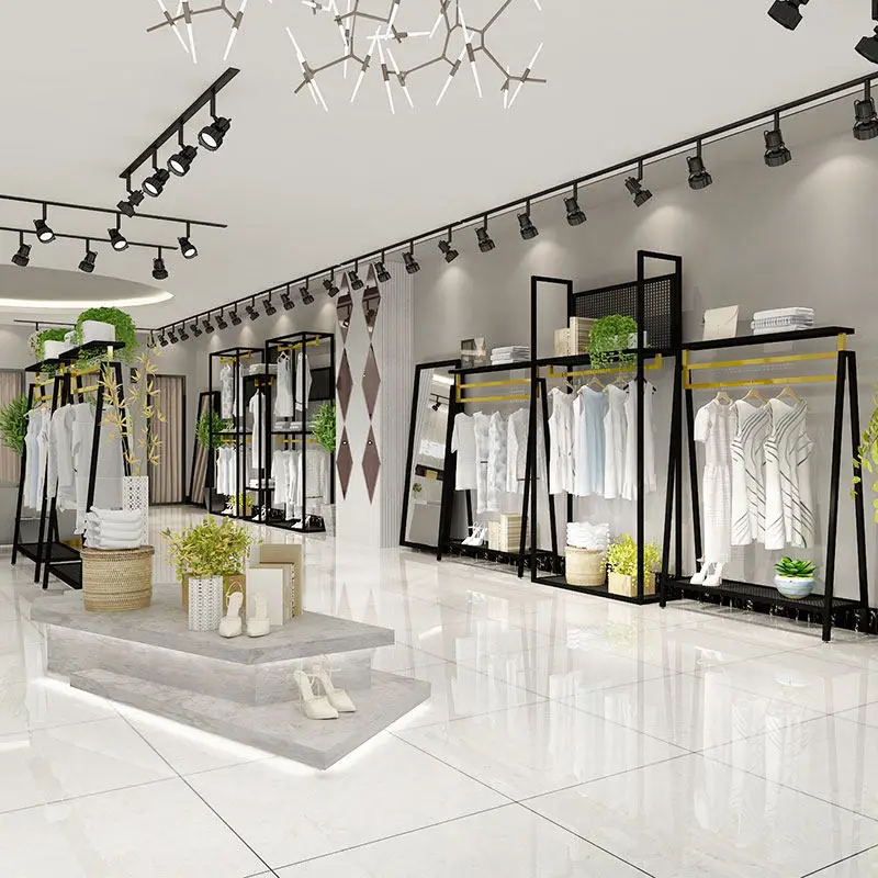 

Новая витрина для магазина одежды: напольная стойка для демонстрации мужской и женской одежды от пола до потолка, комбинированная стойка-стеллаж Zhongdao, золотистая.