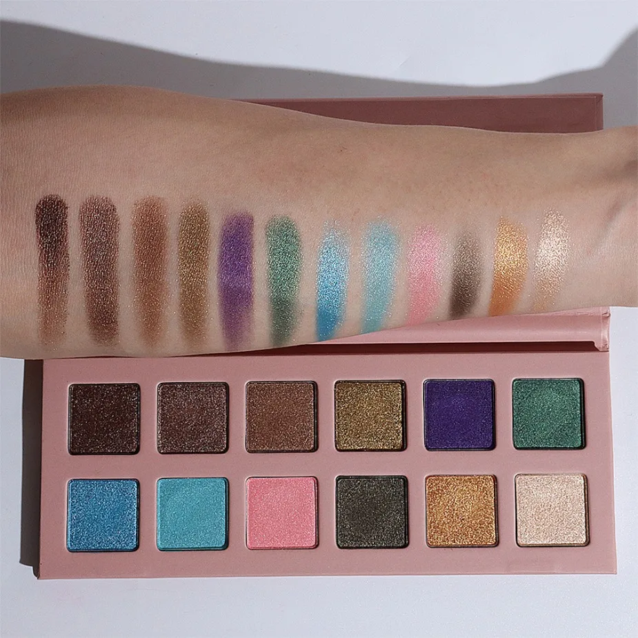 Paleta de sombras veganas de marca própria, 12 cores, glitter fosco, pó perolado, pigmentos de olhos nus, conjunto de paleta de maquiagem, cosméticos
