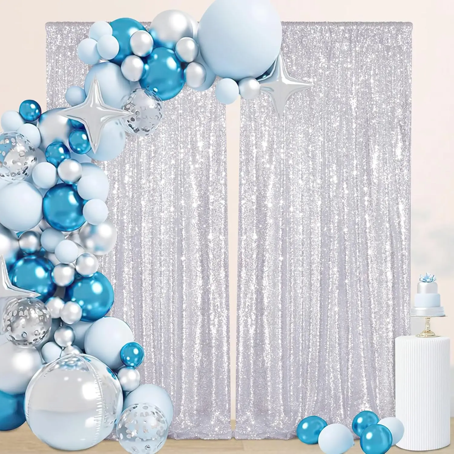 

Silver Sequin Backdrop 2Pcs-4ftx8ft Christmas Party Backdrop Curtains Glitter Photo Background for Wedding Baby Shower Stage Dec