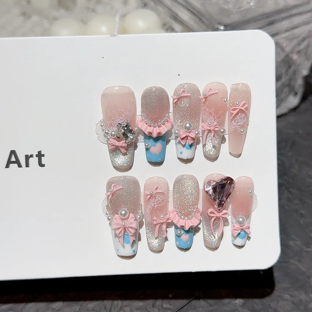 

10 шт. Sweet Cool Y2K Handmade Press on Nails Кружевная лента в горошек с бантом Французский дизайн ногтей «кошачий глаз» Розовый блеск Симпатичные длинные накладные ногти