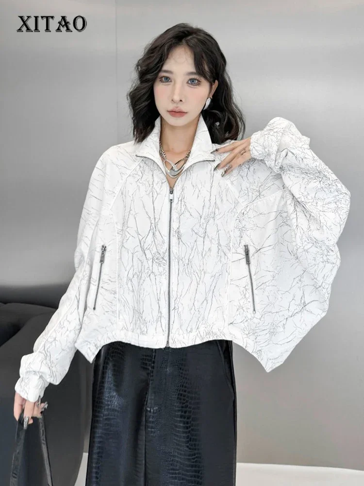 

XITAO Batwing Sleeve Zipper Patchwork Jackets Solid Color Turn-down Collar Slimming Fashion Coat Autumn Casual All Match ZY8881