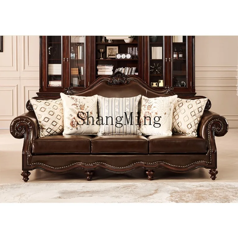 

ZHB solid wood leather sofa first floor cowhide villa living room double three large apartment black walnut sofa G