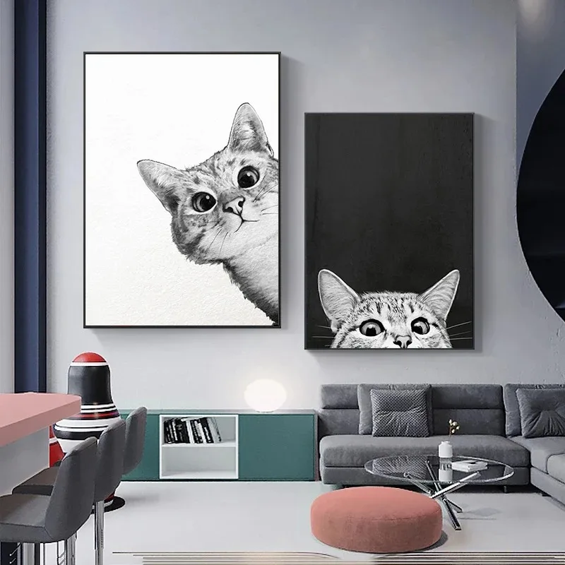 Simple Nordic Style Canvas Painting Cartoon Cat Posters and Prints Wall Art Black and White Pictures Kids Room Home Decoration