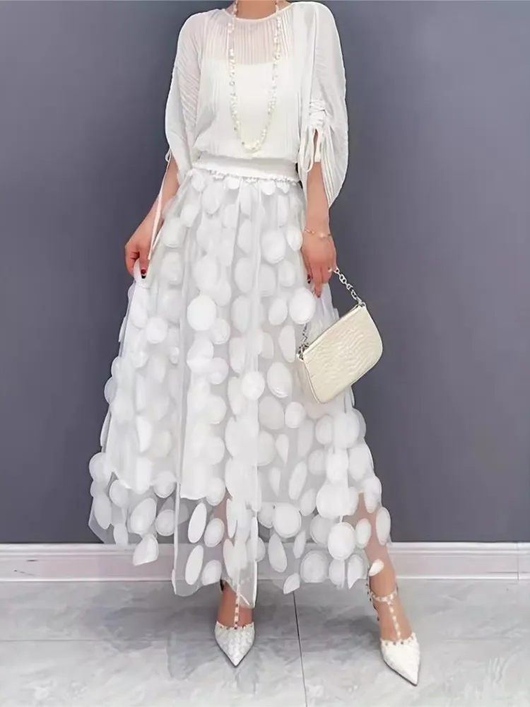 Spring Summer Woman's Fashion Patch Spliced Mesh Skirt Foreign Style Solid A-line Skirts Ladies Elastic Waist Versatile Clothing