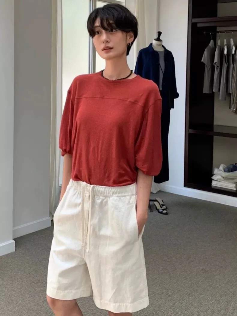 Lässige Baumwoll-Leinen-Arte-Hose für Damen, hohe Taille, lockere Passform, Fünfviertel-Länge, bequeme elastische Taille, Sommer-Freizeit-Artees