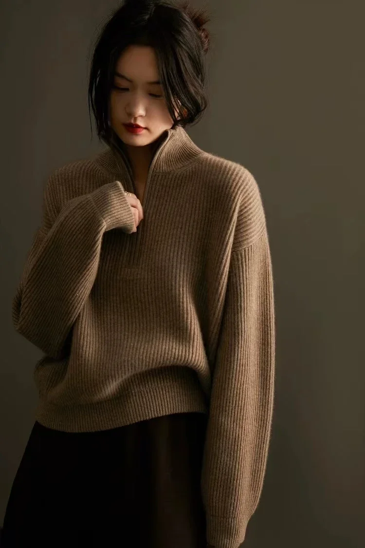 Women\'s Italian Craft 100% Pure Cashmere Sweater Half Zipper Stand Collar Thickened Loose Lapel Pullover Knitted Sweater