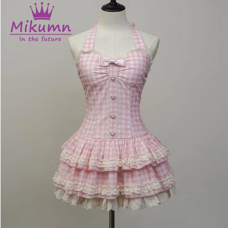 Mikumn Japanisches Kawaii-Lolita-Kleid für Damen, süßes, niedliches Spitzenkleid mit Rüschen, Neckholder, kariertes Kuchenkleid, Y2k-Ästhetik, Party-Minikleider