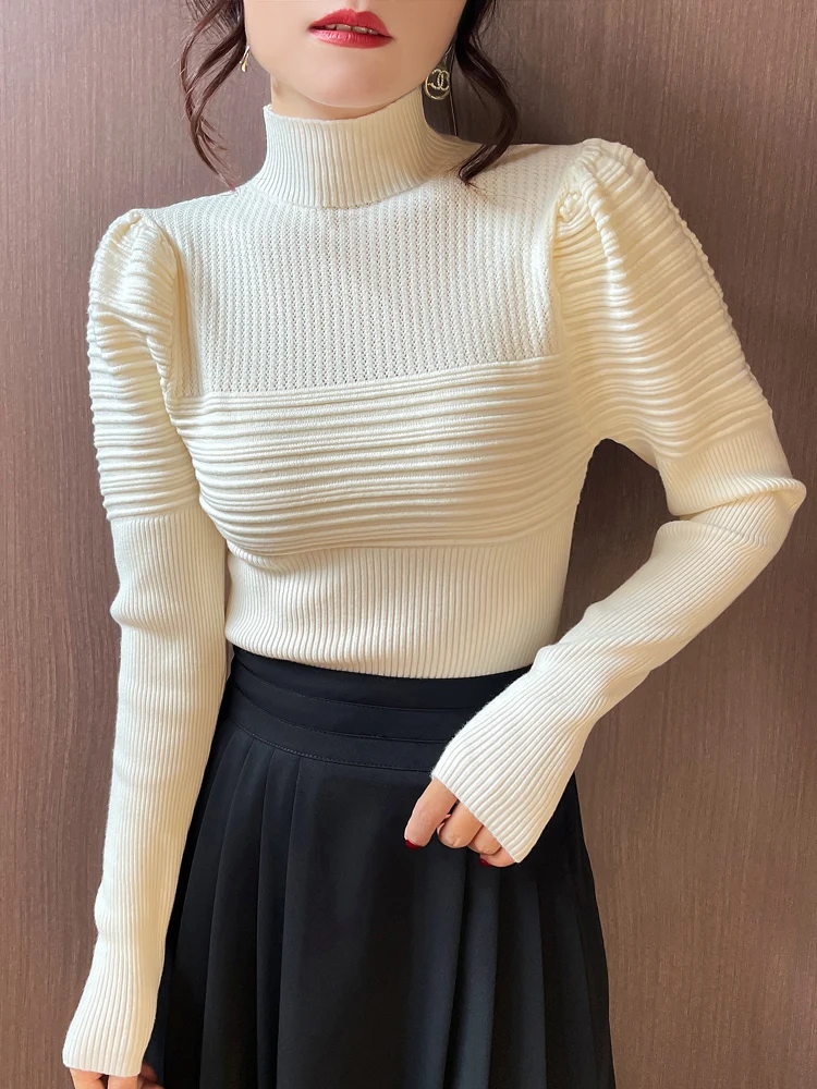 Elegant Solid Basic Knitted Tops Women Turtlneck Sweater Puff Sleeve Casual Slim Pullover Korean Fashion Simple Chic Clothes