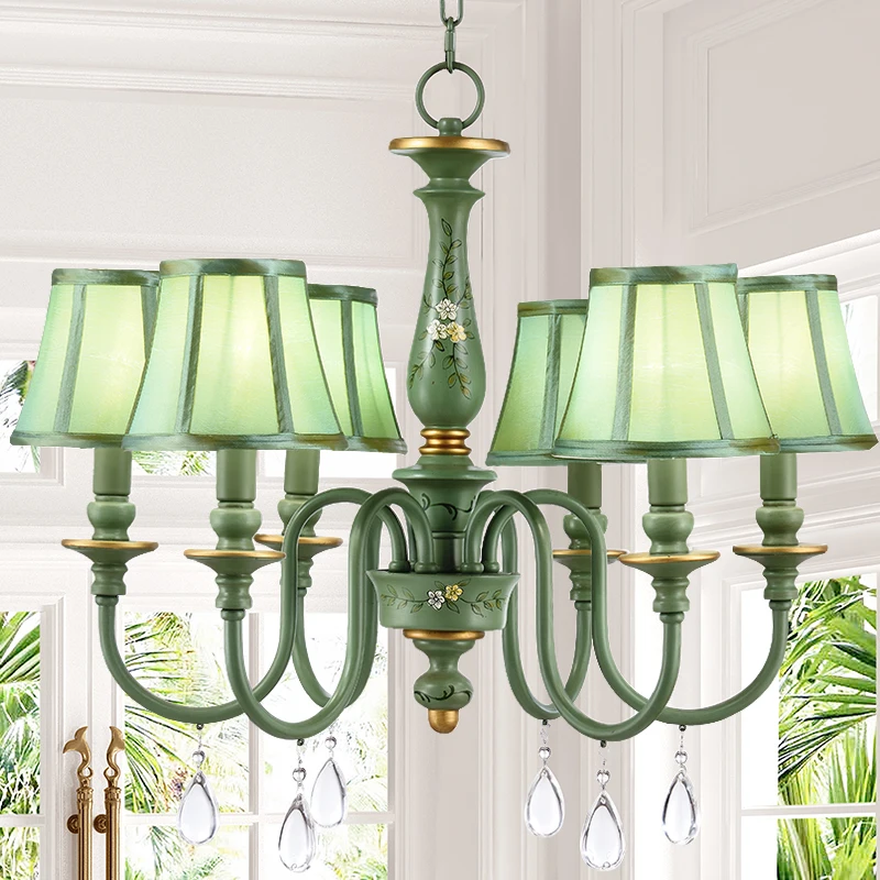 Vintage wrought iron crystal dining room bedroom american country chandelier 6 heads green hand painted american ner chandelier