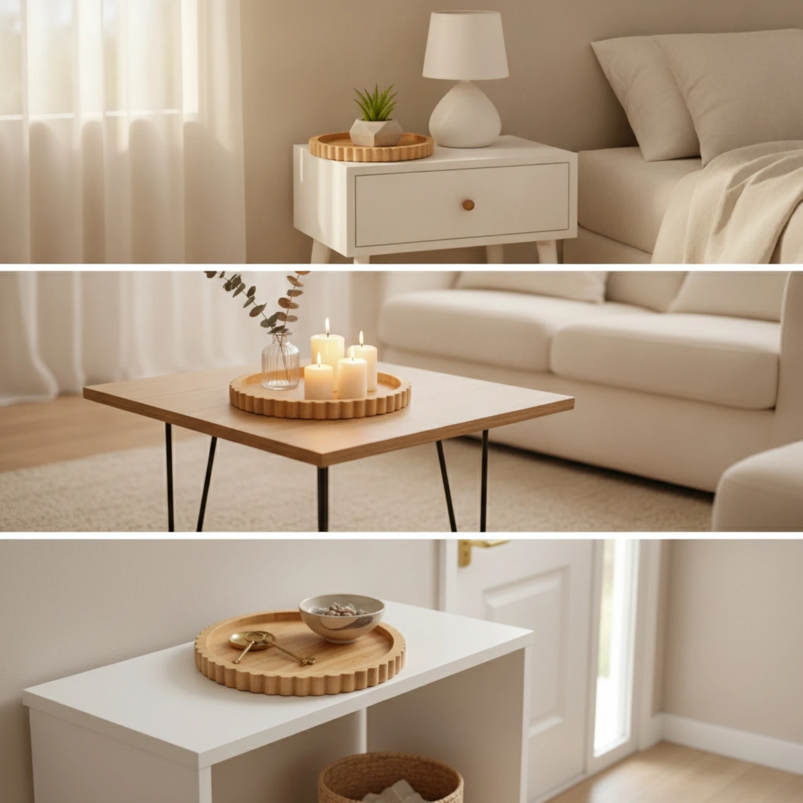 Plateau rond en bois naturel, plateau de service rustique en bois à bords festonnés, style ferme, léger, pour la présentation de bougies, pour comptoir