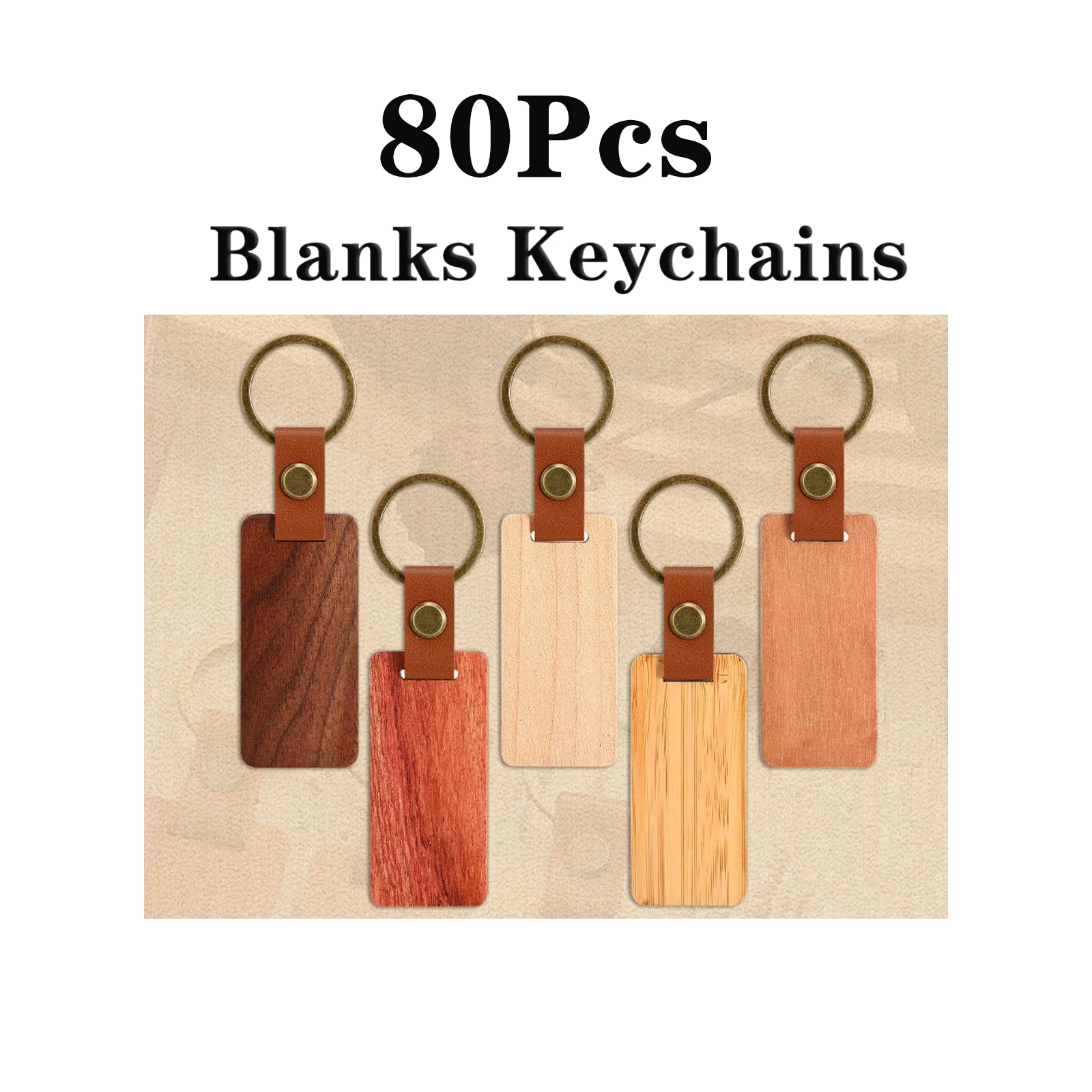 10-100Pcs Blanks Wooden Keychain 5 Colors Rectangle Wood Key Chain with Leather Strap Unfinished Keyrings Gifts for Dad image 3