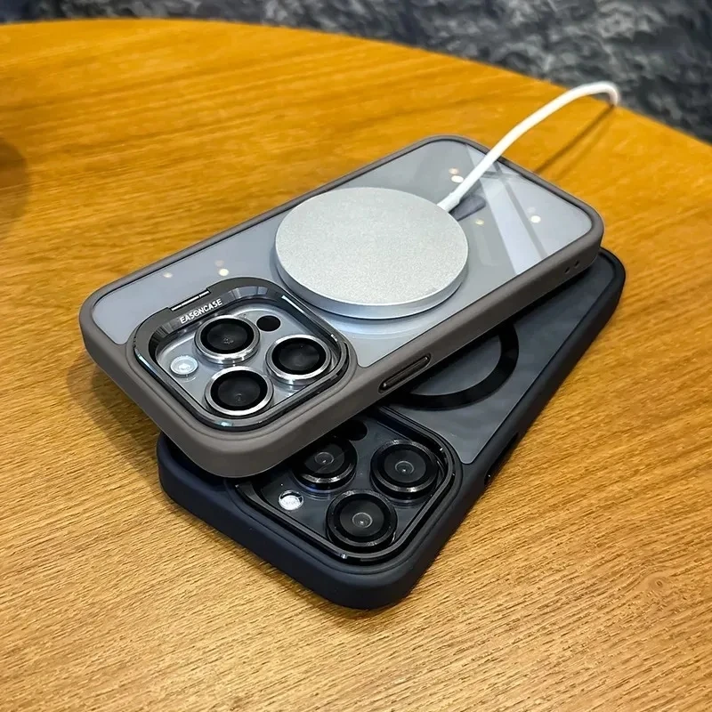 Funda de lujo magnética a prueba de golpes para iPhone 16 15 14 13 12 11 17 Pro Max para Magsafe con soporte y protector de lente de vidrio 4