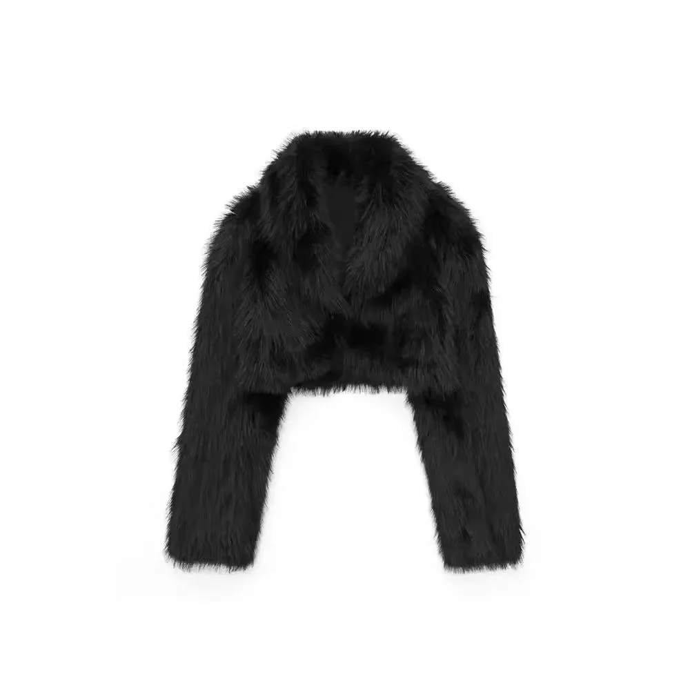 Gruby Zimowy Damski Płaszcz ze Sztucznego Futra z Kołnierzem Polo, Detalistycznie Wykończona Kurtka ze Sztucznego Futra dla Kobiet, Francuski Styl, Damski Płaszcz ze Sztucznego Futra