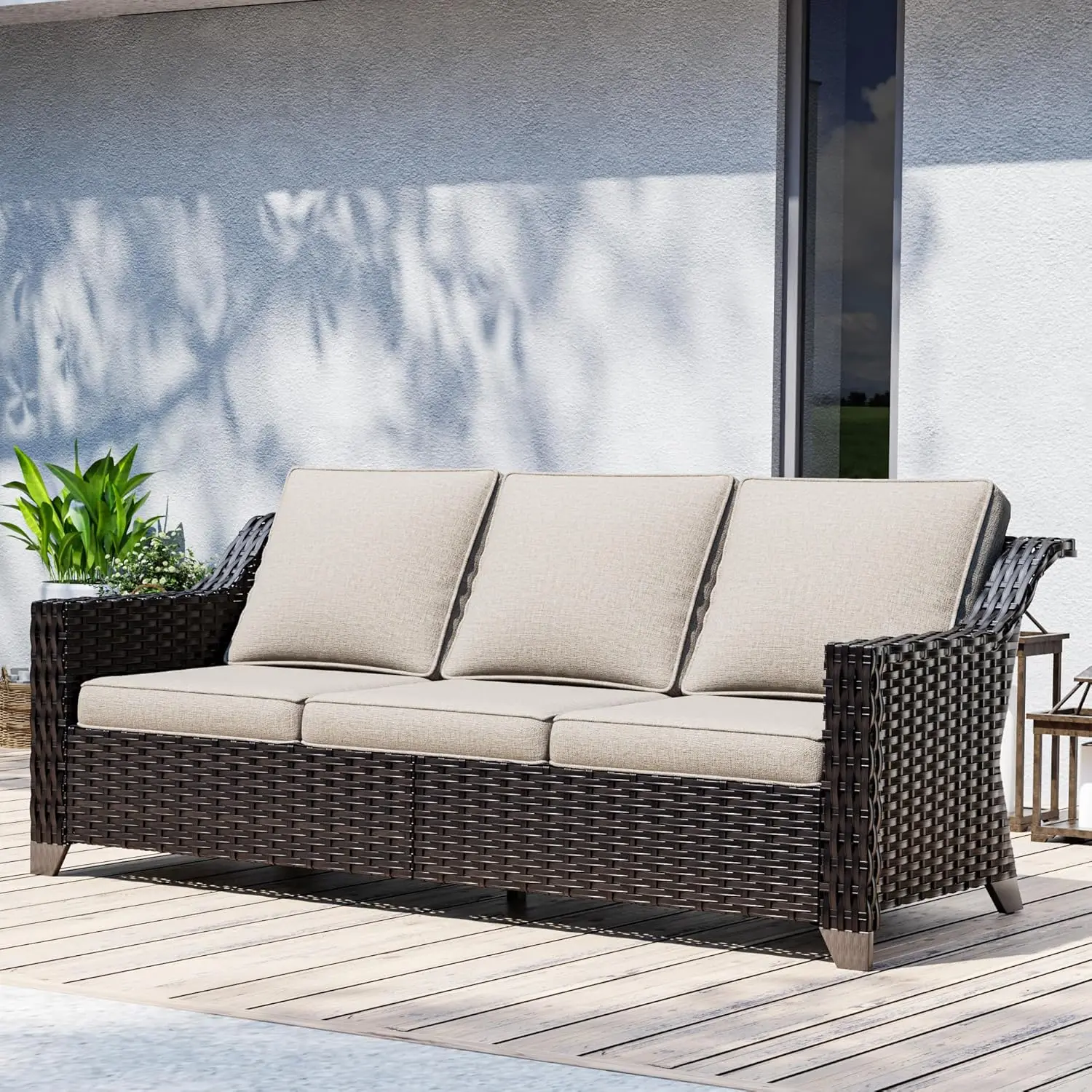 

Patio Sofa, 3-Seat Outdoor Couch with Thickened Cushions, Wicker Patio Furniture Sofa High Back, Rattan Outdoor Sofa for Porch,