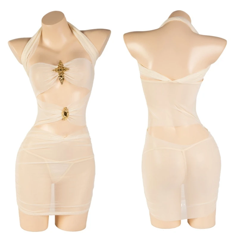 

Sexy Halter Mesh See Through Dress Women Underwear Princess Nightdress Egyptian Goddess Role Play Outfits Backless Lingerie