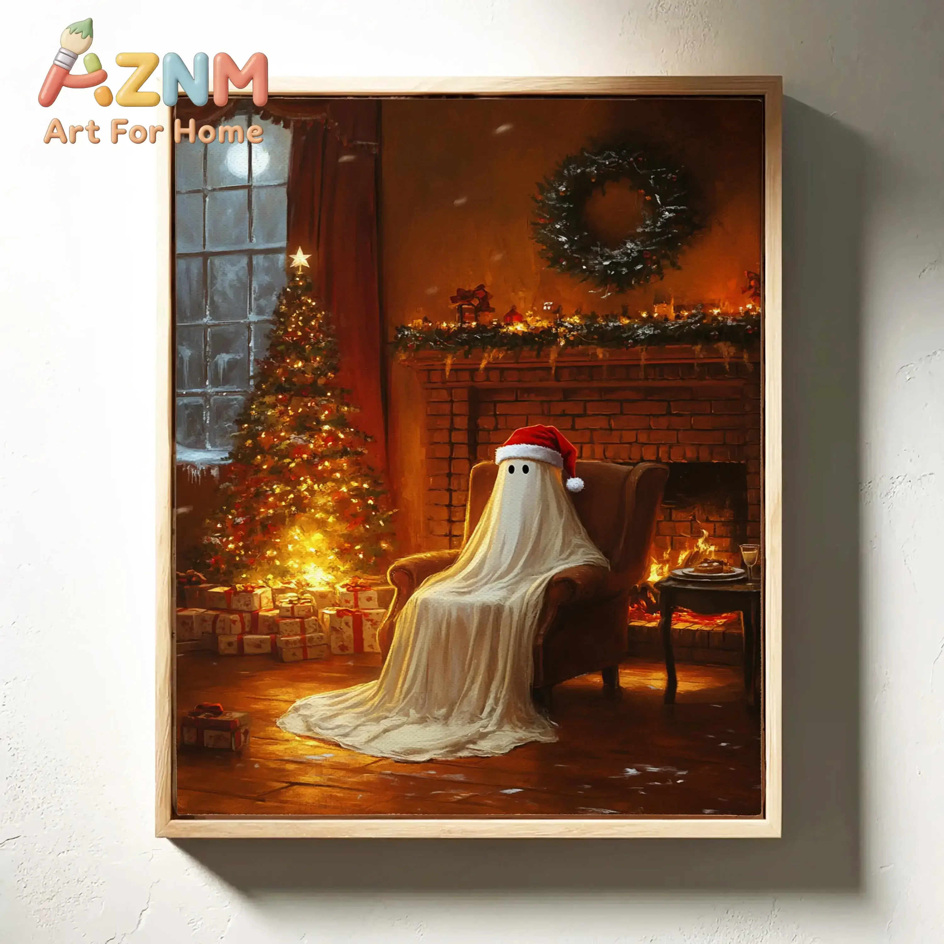 1pc Warm Christmas Ghost Art Wall Decor Santa Hat Christmas Tree Fireplace Ghost Frameless Poster Winter Home Holiday Decor
