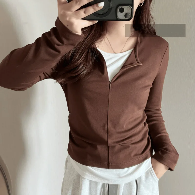 Zipper Half Open Collar Fake Two-piece T-shirt Women Folds Waist Long Sleeve Basic Tops