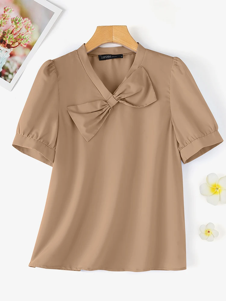 ZANZEA Women Summer Blouse Fashion Solid OL Work Shirt Female Elegant V Neck Short Sleeve Blusas Mujer Casual Bow Tie Party Tops