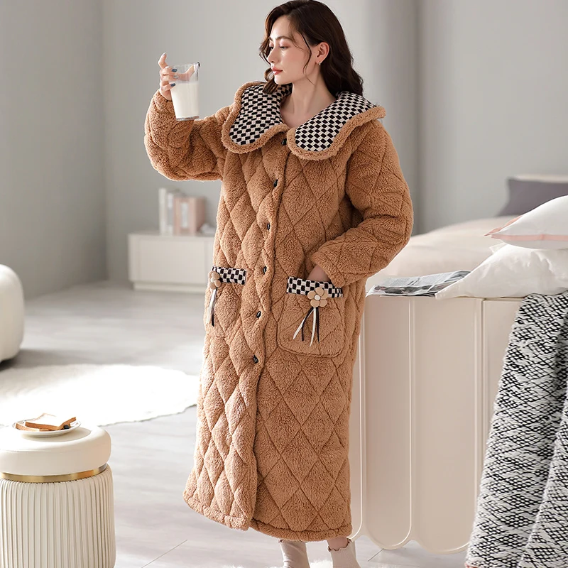 

Зимний халат, толстый теплый женский фланелевой халат, удобный мягкий 3-слойный хлопковый халат с отложным воротником на клипсе