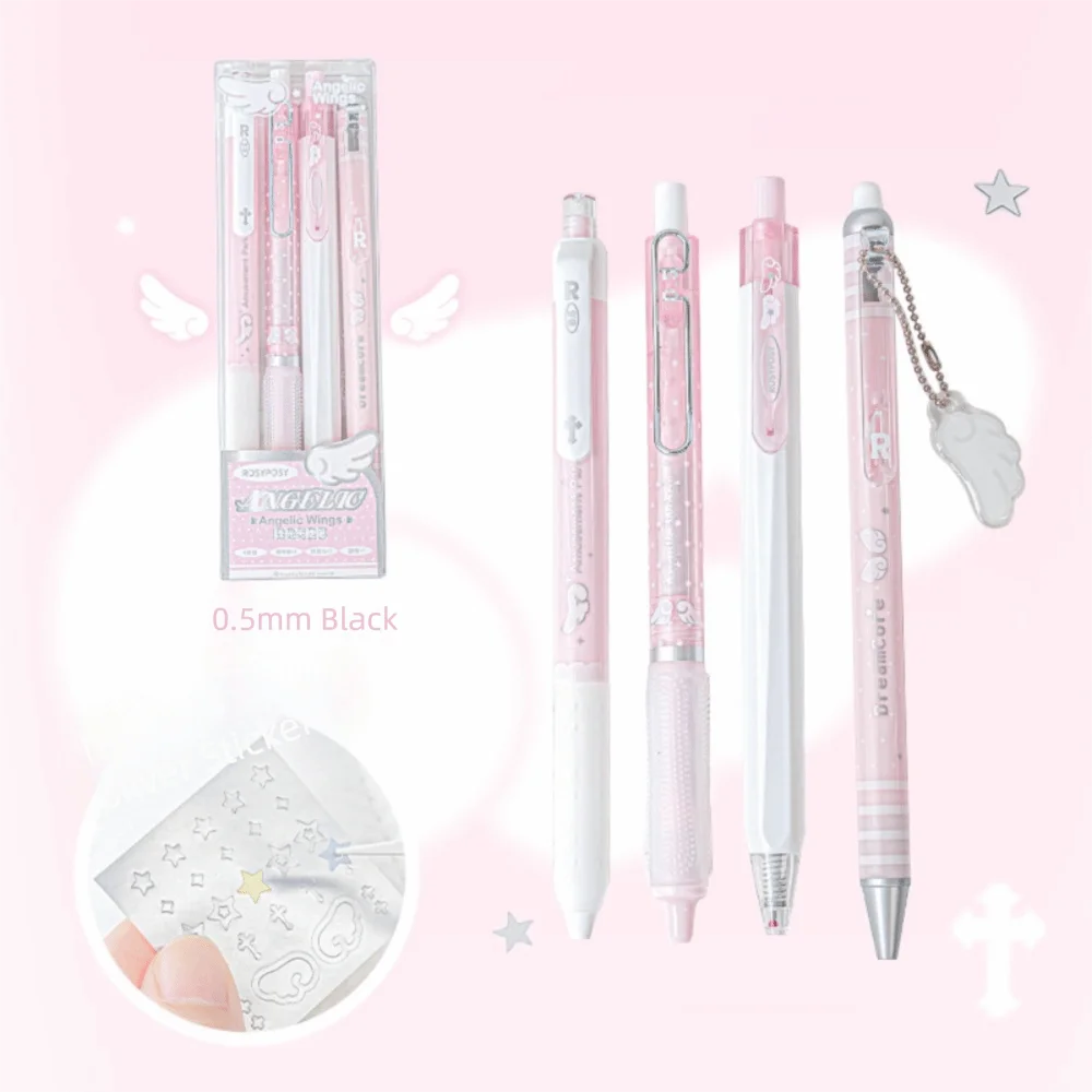 New High Quality 4Pcs/Set 0.5mm Pearl Angel Gel Pen Set Soft Comfort Grip Wing Design Black Ink Exam Pens Smooth Writing Gel Ink