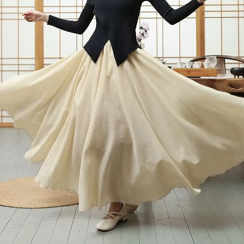 2027 New Summer Skirts Women High Waist Cotton And Linen Skirts Fashion Double-layer Cotton And Linen Solid Long Linen Skirts