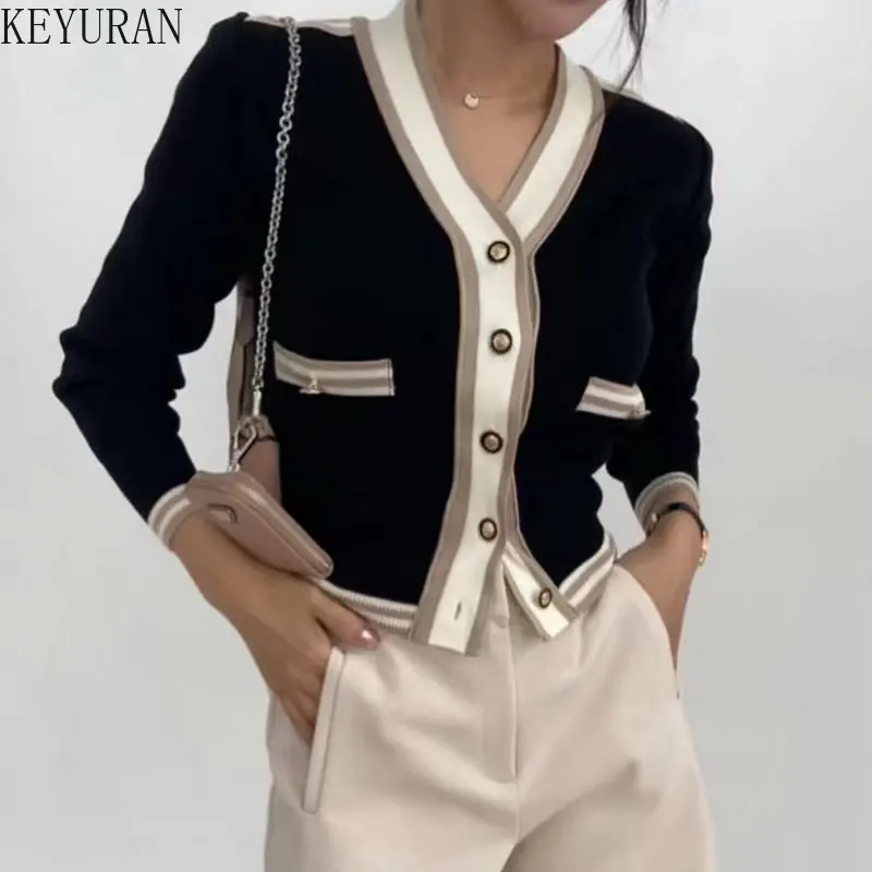 2023 Spring Autumn Striped Sweater Women Korean Fashion V-neck Slim Fit Long-sleeved Crop Top Knitted Cardigan Jacket Women Y2k