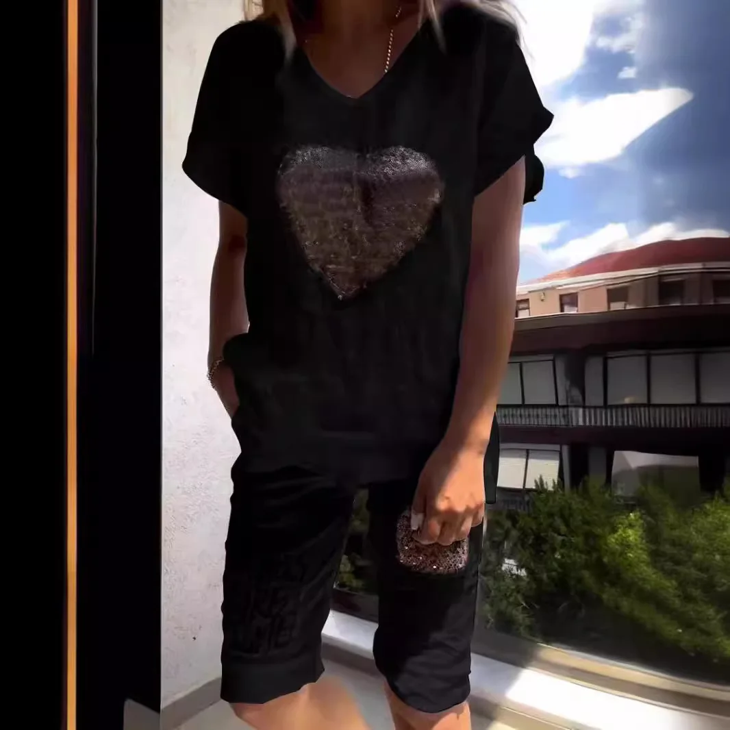 

Fashion Sequin Tops Wide-leg Pants Two-piece Sets Women Solid Color Summer Casual Shirt Pocket Trousers Suit For Women 2025