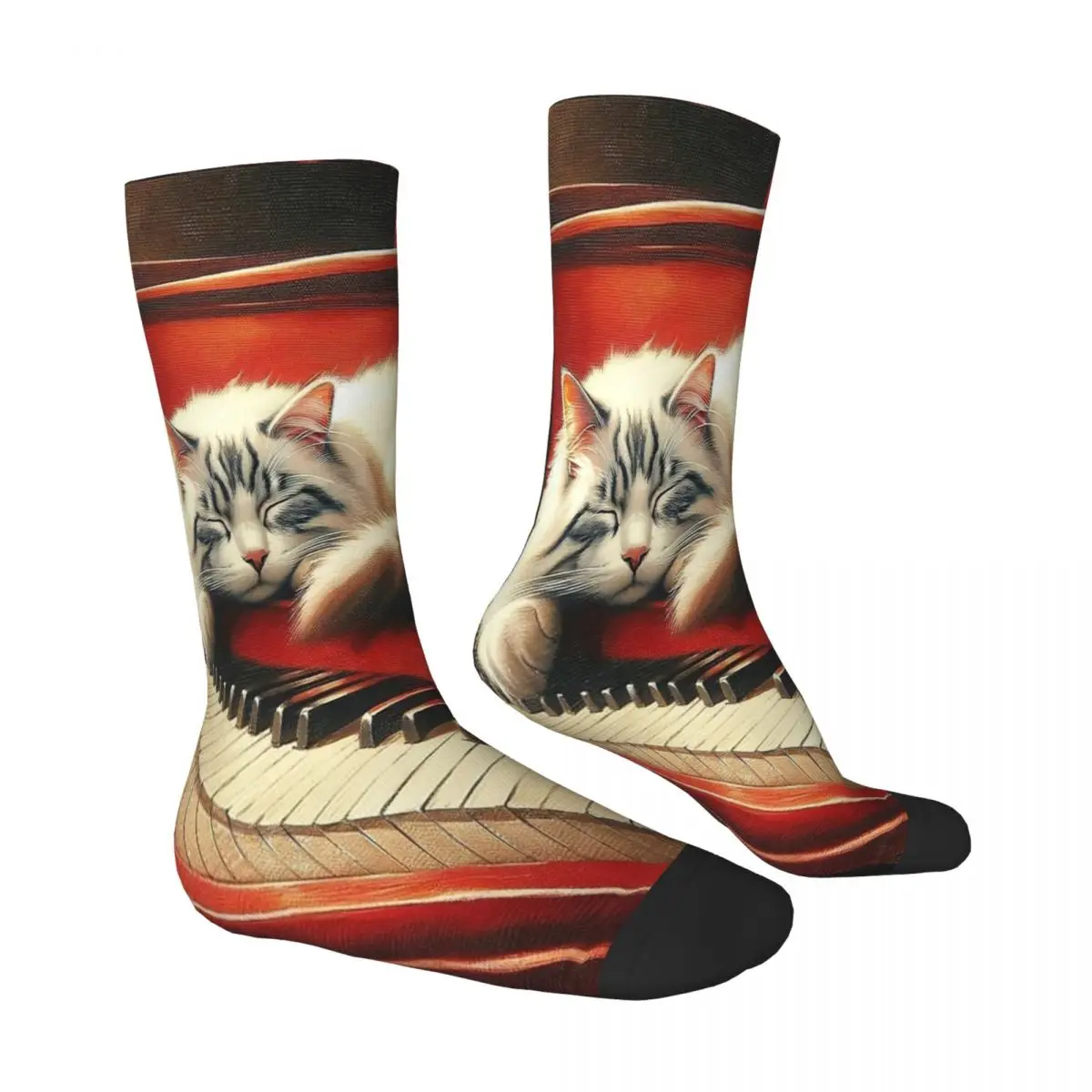 Cat Sleeping On Red Piano Socks Casual Stockings Men High Quality Climbing Socks Winter Pattern Non Slip Socks