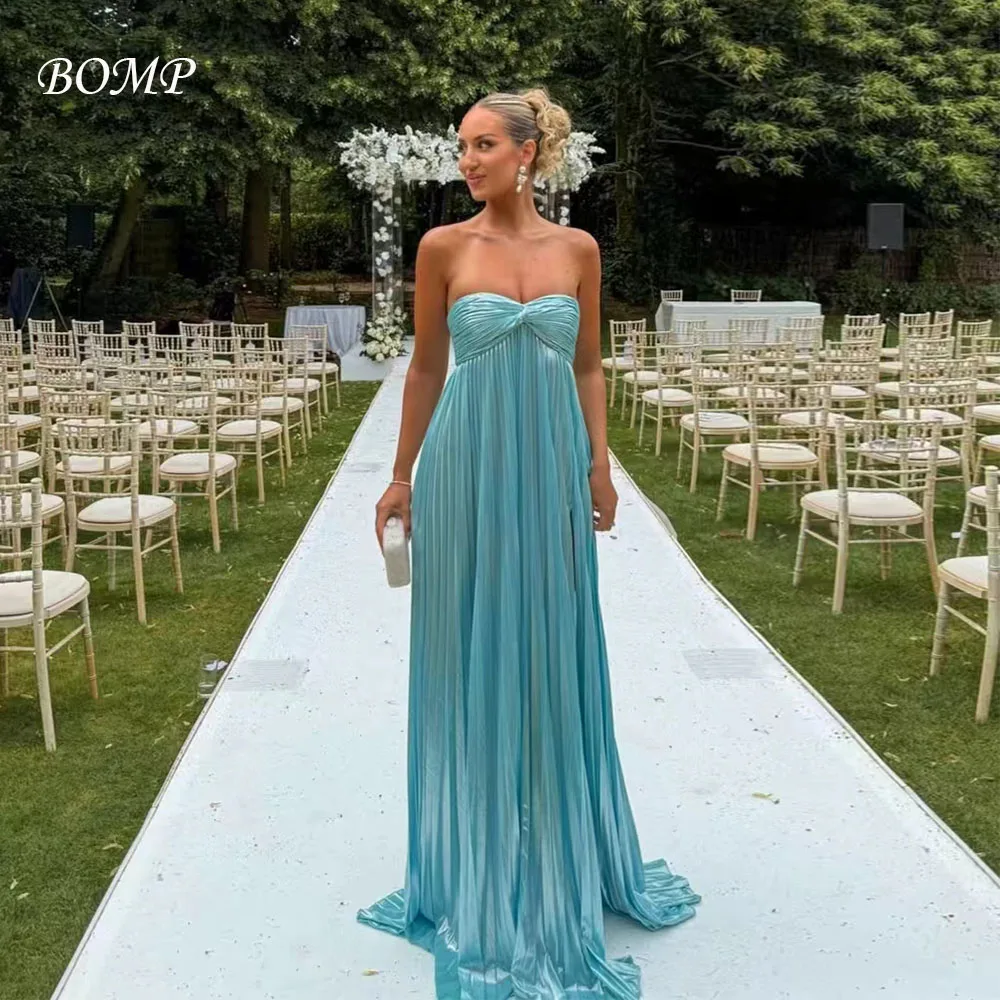 

BOMP Elegant Shiny Blue Wedding Party Dress Strapless Cut Out Pleat Floor Length Satin Special Occasion Evening Dresses Custom