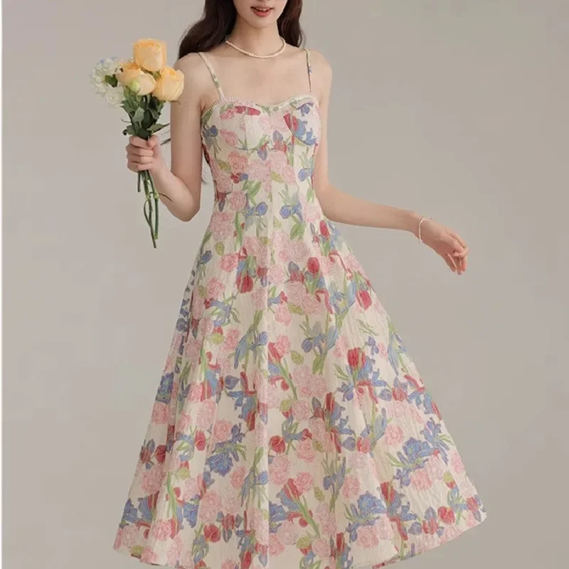 Beautiful Floral Skirt Summer New Style Halter Dress Female Senior Sense Retro Long Dresses Woman's Clothing Vestidos Largos 원피스