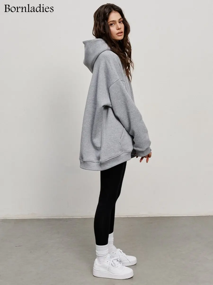 Bornladies Oversized Hoodies & Sweatshirts for Women Autumn Winter Thick Warm Fleece Sweatshirts Girls Streetwear Loose Pullover