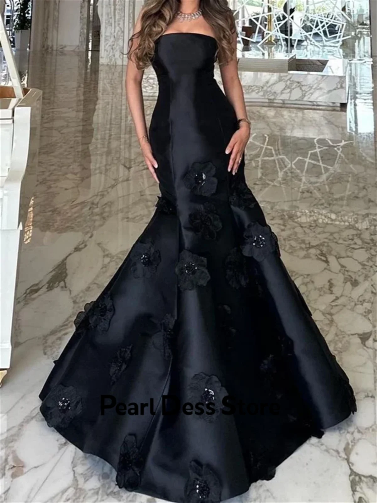 Línea de perlas, vestidos de noche para mujer, elegante vestido de noche de lujo 2024, satén sin tirantes, negro, flores 3D, vestido de fiesta de