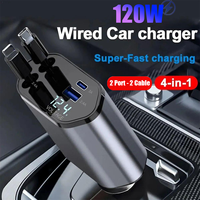 120W 4 in 1 Car Charger Retractable Charging Cable Lighter Adapter USB TypeC Fast Charger Cable For IPhone Xiaomi Huawei Samsung