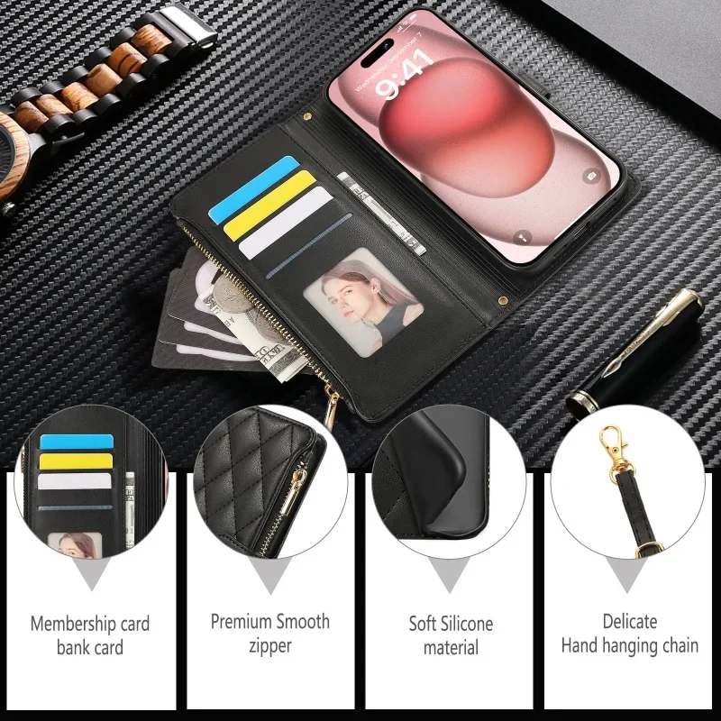 Umhängetaschen-Handyhülle aus Leder mit Handgelenkschlaufe für iPhone 16E 17 Ari 18 16 15 14 13 12 11 Pro Max 8 Plus, Brieftasche mit Kartenhalter. – Detail 3