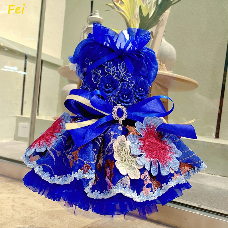 

2025 Summer Pet Dog Clothes Fashion Hollow Lace Sequin Blue Princess Dresses For Small Medium Dog Poodle Teddy Puppy Home Wear