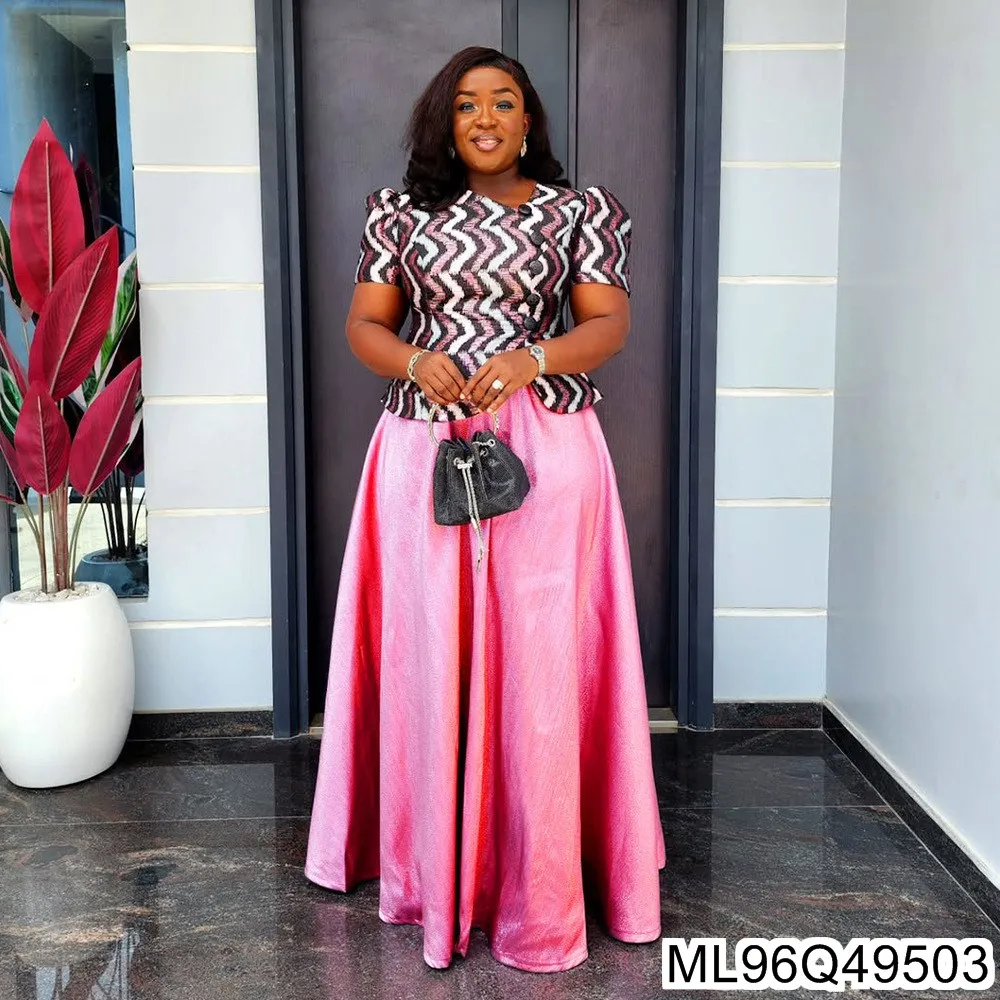 2025 Nuova gonna taglie forti + abito t-shirt Abito da donna africano Abito in due pezzi con stampa in raso di cristallo S10802ML96Q495