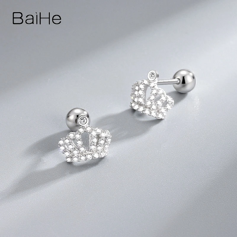 BAIHE Solid 14K White/Yellow/Rose Gold moissanite Crown Stud earrings for women Trendy Daily wear Fine Jewelry Travel Party