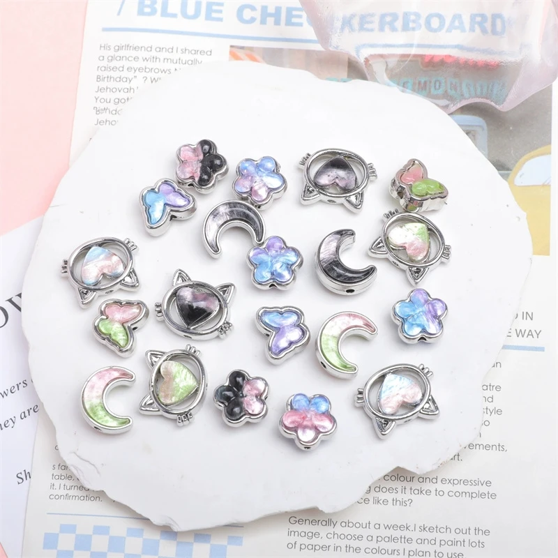 New arrived 40pcs/lot color resin core cartoon cats/moon/flowers/butterfly shape alloy straight hole beads diy jewelry accessory