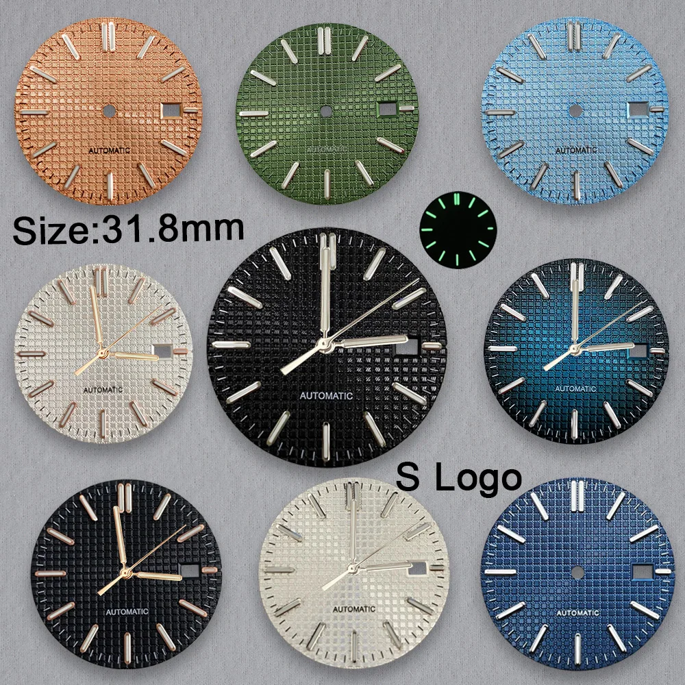 31.8mm S ロゴ オーク文字盤 NH35/NH36 自動巻きムーブメントに適しています グリーン夜光 高品質時計改造アクセサリー