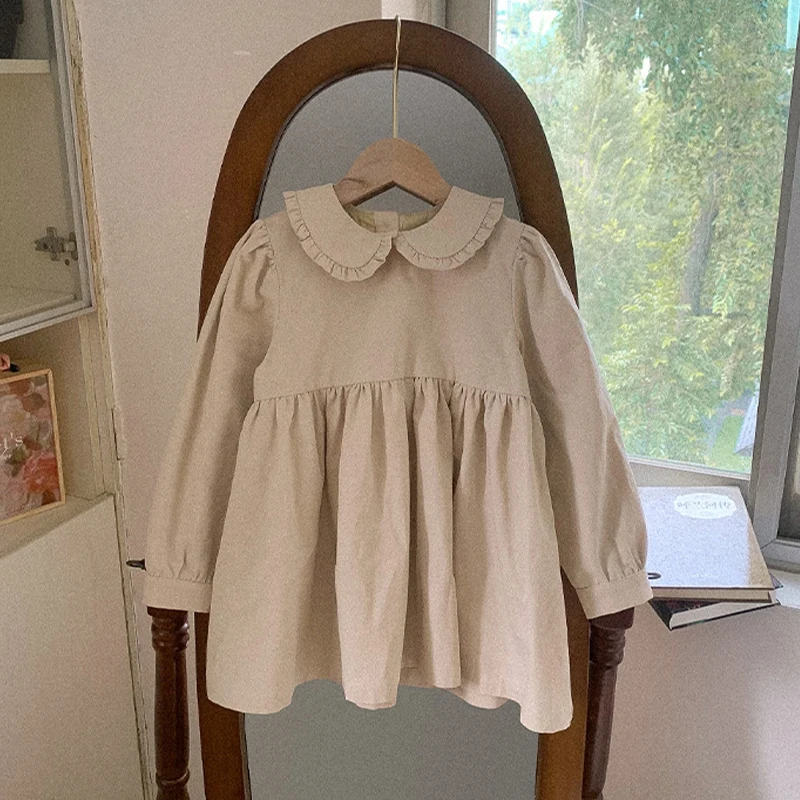 100% Cotton Girls Doll Collar Long-Sleeved Dress 2023 Autumn New Retro Children's Clothing Loose Baby Princess Dresses