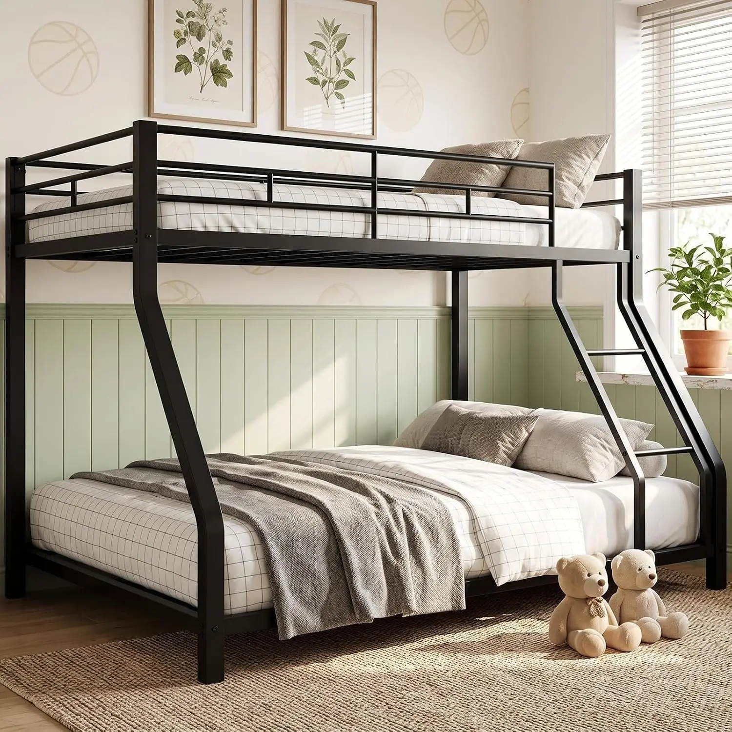 Heavy Duty Metal Bunk Bed Twin Over Full with Ladder Full Length Guardrail, Customized
