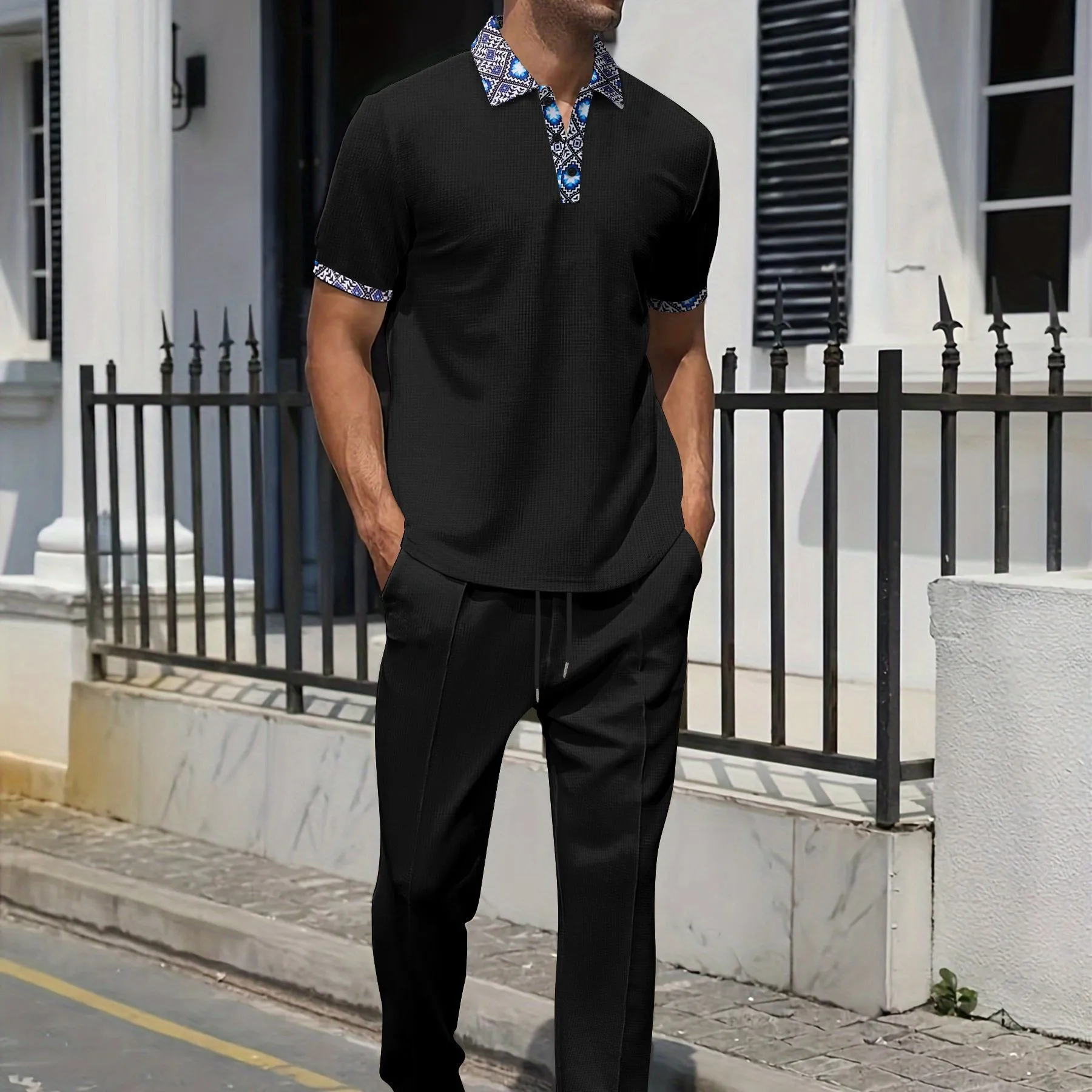 New 2025 Summer Waffle Men's top Casual short-sleeved polo Waffle collar Solid color everything pair with two pantsuits